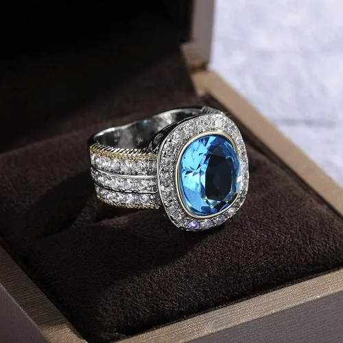Miniatura 4 de Anillo de plata de ley 925 brillante con piedras preciosas de diamante completo, anillos de circonita cúbica azul, anillo de múltiples filas, anillo