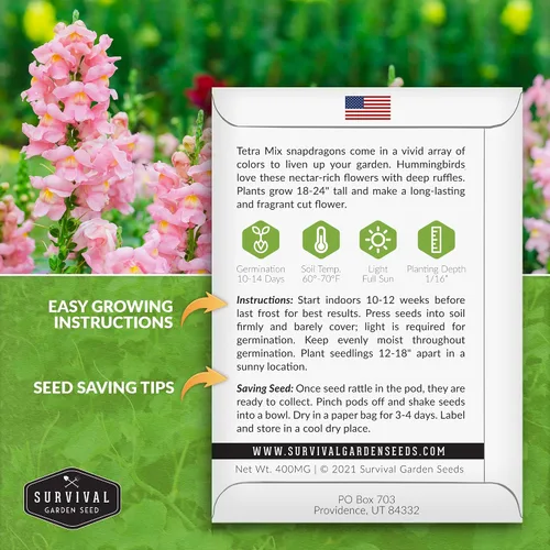 Miniatura 2 de Survival Garden Seeds - Semillas de mezcla de tetra Snapdragon para plantar - Paquete con instrucciones para plantar y cultivar hermosas flores