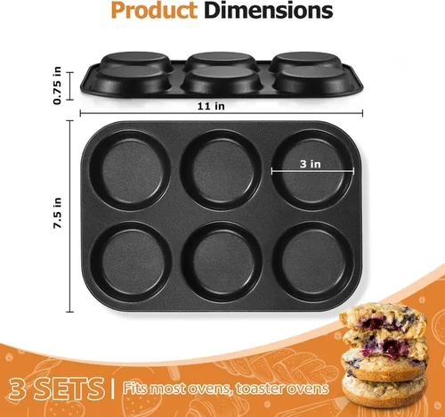 Miniatura 2 de E-far Molde para magdalenas, antiadherente de 6 cavidades poco profundas para hornear pastel de Whoopie, pudín Yorkshire, huevos, pan de maíz