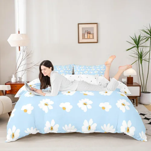 Castle Fairy Juego de funda de edredón con diseño floral de margaritas, tamaño individual, juego de ropa de cama de flores silvestres de dibujos