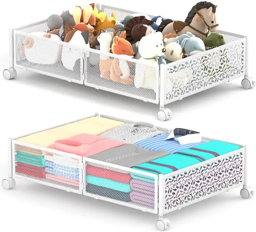 Miniatura 11 de Almacenamiento Debajo de la Cama con Ruedas, Contenedores de Almacenamiento Debajo de la Cama de Metal Calado con Patrón Plegable, Almacenamiento