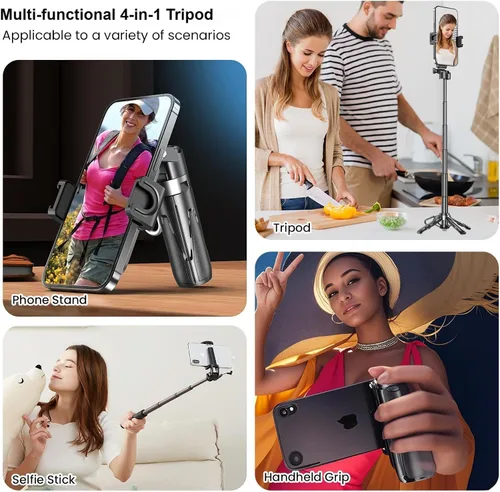 Miniatura 6 de Palo selfie multifuncional 4 en 1 y trípode para iPhone/Android, rotación de 360 grados, con control remoto, portátil para creadores de contenido