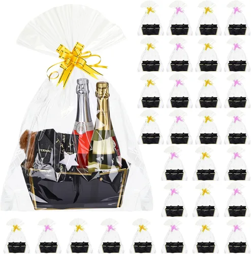 Miniatura 6 de Tuanse 30 Piezas Canasta para Regalo Vacía Kit de Cesta de Regalo DIY a Granel con Asa Bandeja de Cartón Kraft con 30 Bolsas 30 Lazos Bandeja