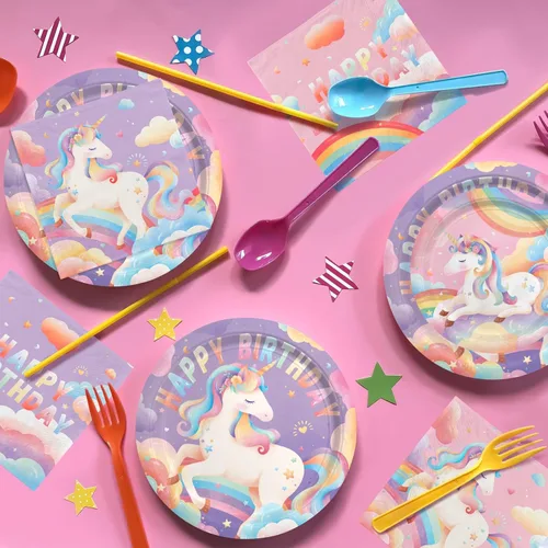 Miniatura 4 de Kit de suministros de fiesta de cumpleaños para 24 invitados, para decoraciones de cumpleaños de unicornio, incluye platos de cena y postre