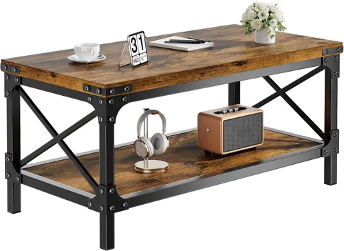 Miniatura 7 de Mesa de café rectangular para sala de estar, mesa de café rectangular de madera, mesa central industrial moderna de 2 niveles con tablero engrosado