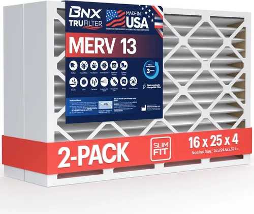 BNX TruFilter - Filtro de aire MERV 13 de 16 x 25 x 4 (15.5 x 24.5 x 3.63 pulgadas, ajuste delgado) (paquete de 2) - Fabricado en Estados Unidos -