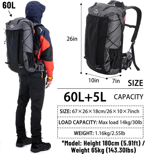 Miniatura 2 de Naturehike Rock-40L/60+5L Mochila de senderismo con marco interno para adultos, mochila impermeable para camping, viajes, mochilero, bolsa