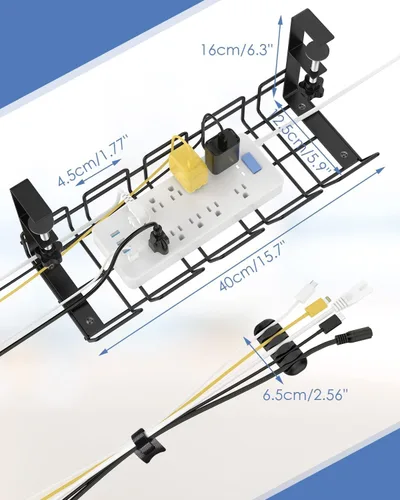 Miniatura 5 de Organizador de cables negro para debajo del escritorio, bandeja de gestión de cables de acero resistente para debajo del escritorio, organizador