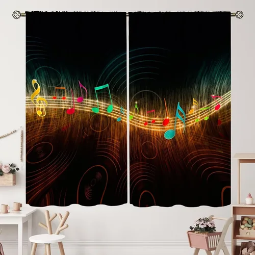 Miniatura 14 de Cortinas de notas musicales, rústicas, mágicas, notas musicales, arte retro, piano y violín, cortina con bolsillo para barra para dormitorio, sala