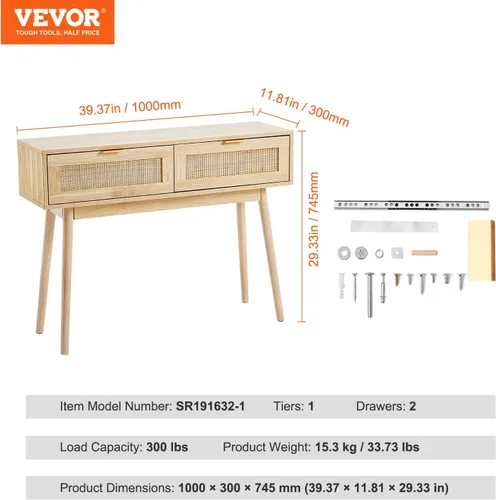 Miniatura 3 de VEVOR Mesa consola de ratán con 2 cajones de almacenamiento, mesa de entrada de ratán con puerta corredera de ratán natural, mesa de sofá para sala
