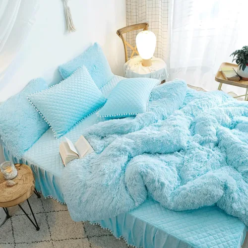 Miniatura 3 de Juego de funda de edredón de felpa azul para cama individual, juego de ropa de cama para niñas de pelo lanudo azul tamaño individual 2 piezas