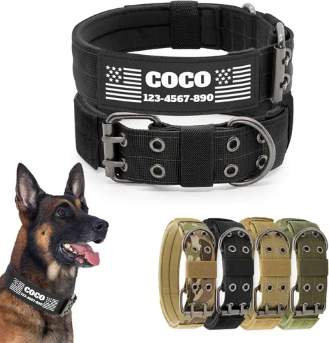 Collar táctico personalizado para perro con parches de nombre y número de teléfono - Collar resistente personalizado con hebilla de cinturón de