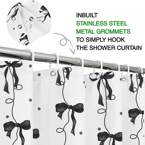 Miniatura 4 de Cortina de ducha con lazo negro, bonita cortina de ducha coqueta estética para adolescentes y niñas, decoración de tela impermeable con 12 ganchos
