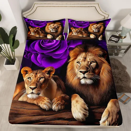 Miniatura 48 de Erosebridal Juego de sábanas bajeras de rosas rojas y leopardo, tamaño individual, diseño de animales africanos salvajes, diseño de plantas