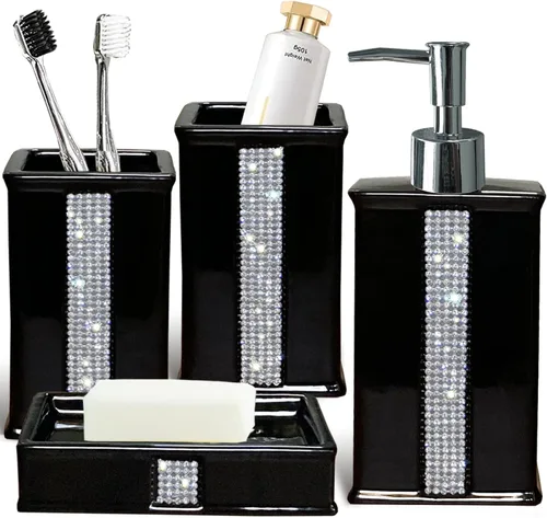 Juegos de Accesorios de Baño para Baño, Juego de Dispensador de Jabón de Baño Negro, Bomba Dispensadora de Líquido de Cerámica, 2 Vasos Tumbler,