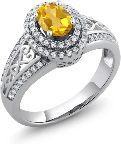 Miniatura 76 de Anillo de compromiso con halo de piedra preciosa y piedra natal en plata chapada en oro amarillo de 18 quilates, ovalado, 0.236 x 0.157 pulgadas