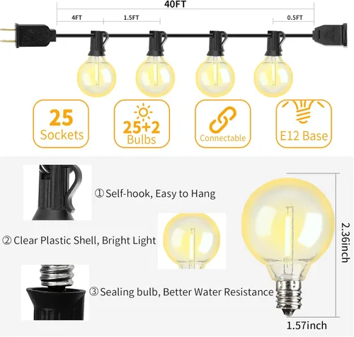 Miniatura 5 de Guirnalda de luces LED para exteriores de 40 pies, impermeable, globo LED G40, iluminación al aire libre para patio con 27 bombillas Edison vintage