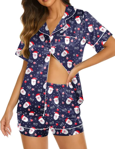 Miniatura 18 de Ekouaer Pijamas de seda para mujer, ropa de dormir de manga corta, suave, con botones, ropa de descanso, 2 piezas, pijama de satén, conjunto