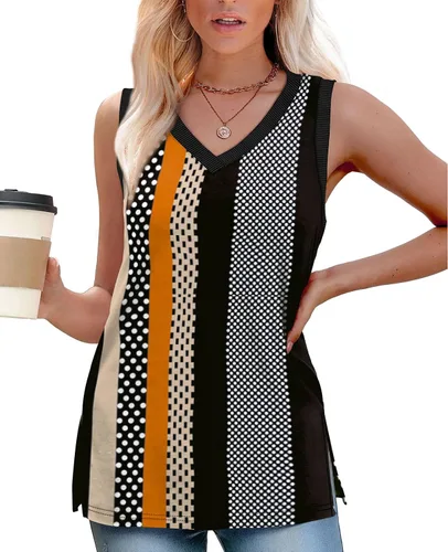 Miniatura 2 de Camiseta sin mangas para mujer, cuello en V, ajuste holgado, casual, básica, con abertura lateral, sin mangas