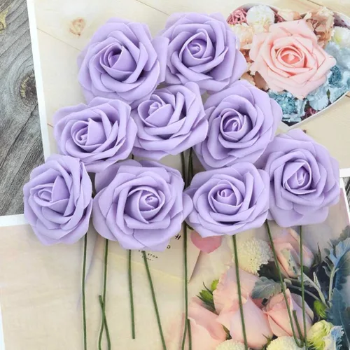 Miniatura 3 de Higfra Flores artificiales, 25 unidades, rosas falsas de espuma de color lila de aspecto real con tallos para ramos de boda, centros de mesa