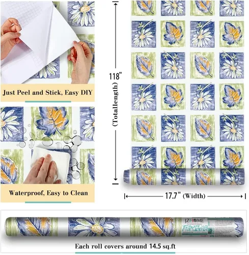 Miniatura 3 de 8083 - Papel tapiz de hojas florales para despegar y pegar, 17.7 pulgadas x 9.8 pies, mosaico, enrejado, margarita, flores, papel de contacto