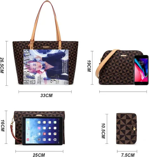 Miniatura 34 de Juego de 4 bolsas modernos para mujer de cuero sintético: bolso tote, bolso de hombro, bolso de mano y cartera.