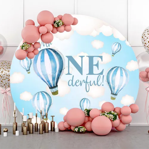 Miniatura 2 de Telón de fondo redondo para niños de 6.5 x 6.5 pies para el primer cumpleaños, globos aerostáticos, cielo azul y nube blanca, fondo de fotografía Mr