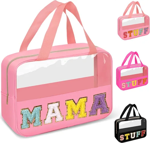 Miniatura 28 de izuzta Bolsas de maquillaje transparentes tipo tote con letras de chenilla, bolsa de maquillaje preppy con asa, Moda