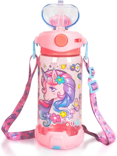 Miniatura 8 de Botella de agua para niños con pajita/cordón para niños de la escuela, niños y niñas, 22 oz / 650 ml, sin BPA, botella de agua para beber