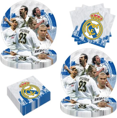 40 piezas de suministros para fiesta de cumpleaños del Real Madrid incluyen 20 platos, 20 servilletas para la decoración de la fiesta del Real Madrid