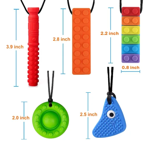 Miniatura 6 de Collares masticables para niños sensoriales, paquete de 5 juguetes sensoriales de silicona para masticar, collar masticable multiestilo, ayuda