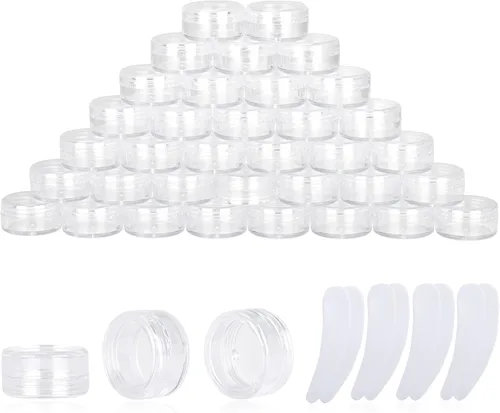 Miniatura 30 de 50 recipientes de muestra de 0.11 oz, frascos vacíos de 0.11 onzas líquidas con tapas, pequeños recipientes para cosméticos, mini tarros de muestra