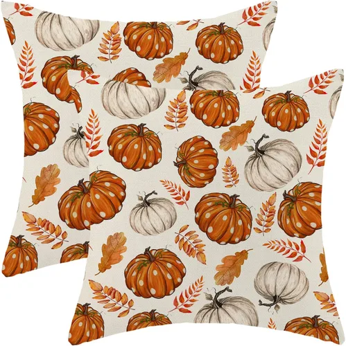 Miniatura 49 de AEIOAE - Juego de 2 fundas cuadradas de almohadones de lino para otoño con calabaza en tono naranja quemado y blanco, para decoración al aire libre