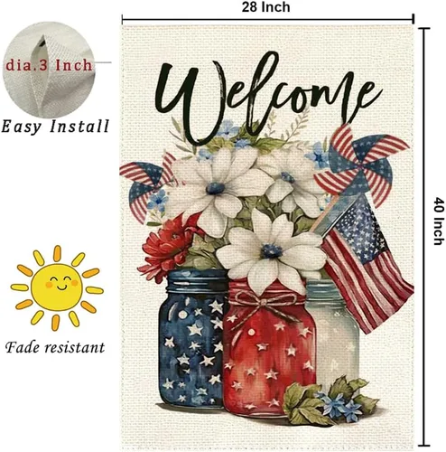 Miniatura 6 de RABUSOFA Bandera patriótica para casa del 4 de julio, 28 x 40 pulgadas, doble cara para exterior, frasco de masón americano de bienvenida, flores