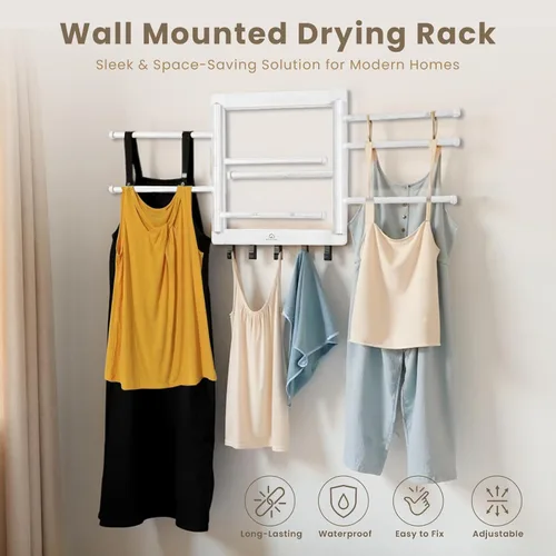 Miniatura 2 de Estante de secado de bambú para montaje en pared para lavandería, secadora de ropa plegable con 8 brazos y 5 ganchos, ahorro de espacio, 20 Natural