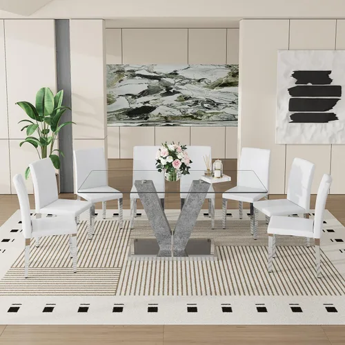 Miniatura 14 de Juego de mesa de comedor de cristal moderno de 71 pulgadas para 6, juego de mesa de comedor de 7 piezas con sillas y mesa de vidrio templado