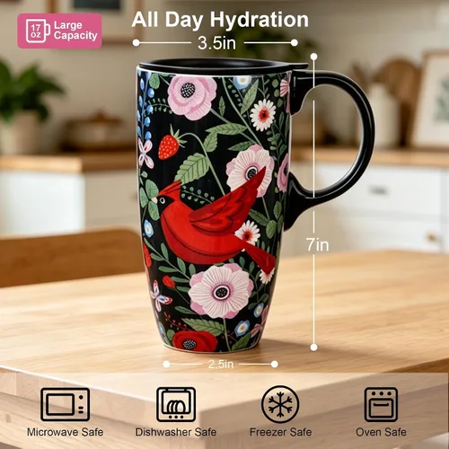 Miniatura 4 de Topadorn Taza de café de cerámica, taza de viaje de porcelana con tapa y asa, taza de café grande para hombres y mujeres, trabajo de oficina, Pájaro