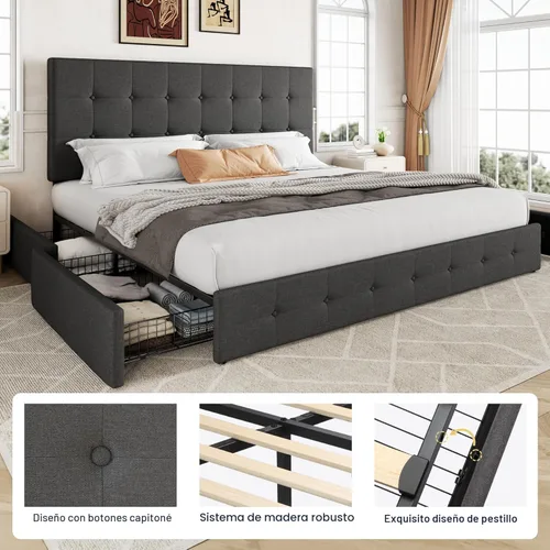 Miniatura 6 de Allewie - Base de cama con plataforma de tamaño King, tapizada, con 4 cajones de almacenamiento y cabecera, diseño cosido en cuadrados con botones