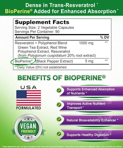 Miniatura 4 de aSquared Nutrition Resveratrol natural con extracto de vino tinto - 180 cápsulas - Pastillas de suplemento antioxidante de trans resveratrol