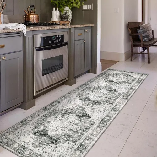 Miniatura 33 de Moynesa Alfombra de pasillo ultra fina lavable de 2 x 6 pies, antideslizante, resistente a las manchas, alfombra vintage que no desprende para Gris