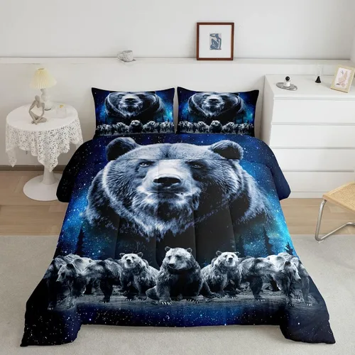 Feelyou Juego de edredón de oso azul, juego de ropa de cama de osos de animales, juego de edredón acolchado con estampado de arboleda de galaxia,