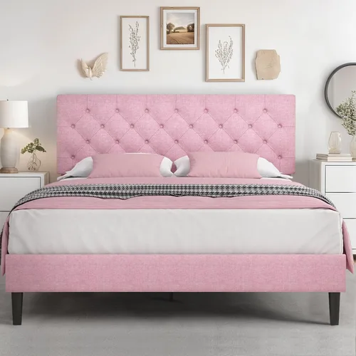 Miniatura 13 de HOMBCK Marco de Cama Queen con Cabecera Capitoné con Botones, Marco de Cama de Plataforma Tapizada Azul, Tela Suave/Soporte de Listones de Madera/No