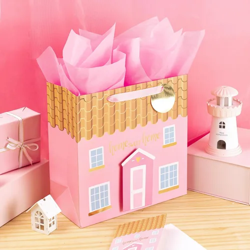 Miniatura 4 de LeZakaa Bolsa de regalo rosa de 10.4 pulgadas con papel de seda, etiqueta de regalo y tarjeta, Home Sweet Home con Paster 3D para inauguración