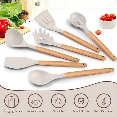 Miniatura 3 de E-far Juego de 6 Utensilios de Cocina, Utensilios de Cocina de Silicona con Mango de Madera, Compatibles con Utensilios de Cocina Antiadherentes