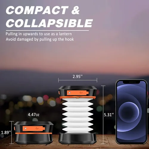 Miniatura 6 de DIBMS - Paquete de 2 linternas solares plegables para campamento, mini luces colgantes plegables USB recargables a prueba de agua para camping