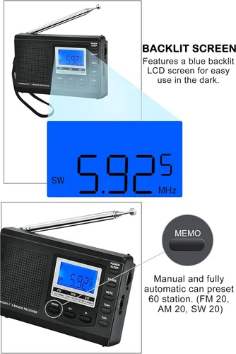 Miniatura 3 de AM FM Radio de onda corta portátil con excelente recepción y retroiluminación, radios a pilas con reloj despertador y temporizador de sueño, pequeño