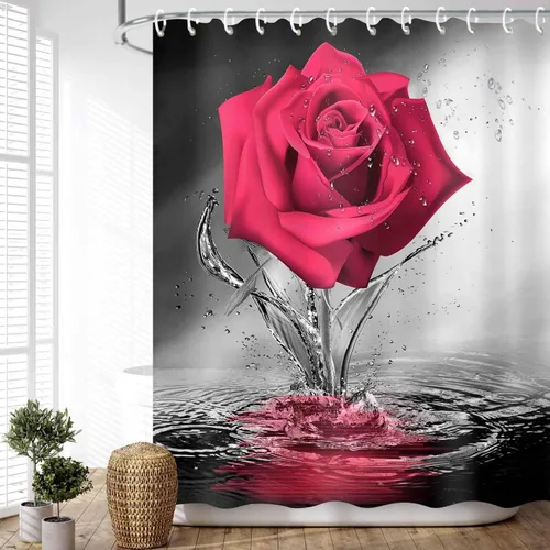 Miniatura 11 de JAWO Cortina de ducha con diseño de rosas, románticas flores y rosas rojas reflejadas en el agua, cortina de baño de tela, cortina de baño negra