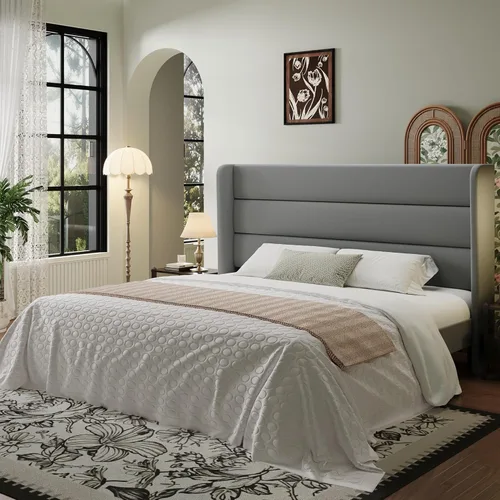 Miniatura 16 de SHA CERLIN - Base de cama tamaño Full con cabecera tapizada en terciopelo y diseño acanalado vertical; plataforma de cama tapizada con listones