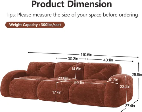 Miniatura 2 de Sofás modulares modulares de 110.6 pulgadas para sala de estar, sofá moderno de terciopelo sin hueso, no requiere montaje, cómodo sofá sin hueso