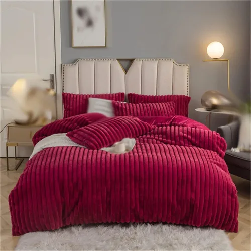 Juego de funda de edredón vertical de terciopelo súper suave, color rojo, cama doble king, 4 piezas, juego de cama de felpa y funda de almohada